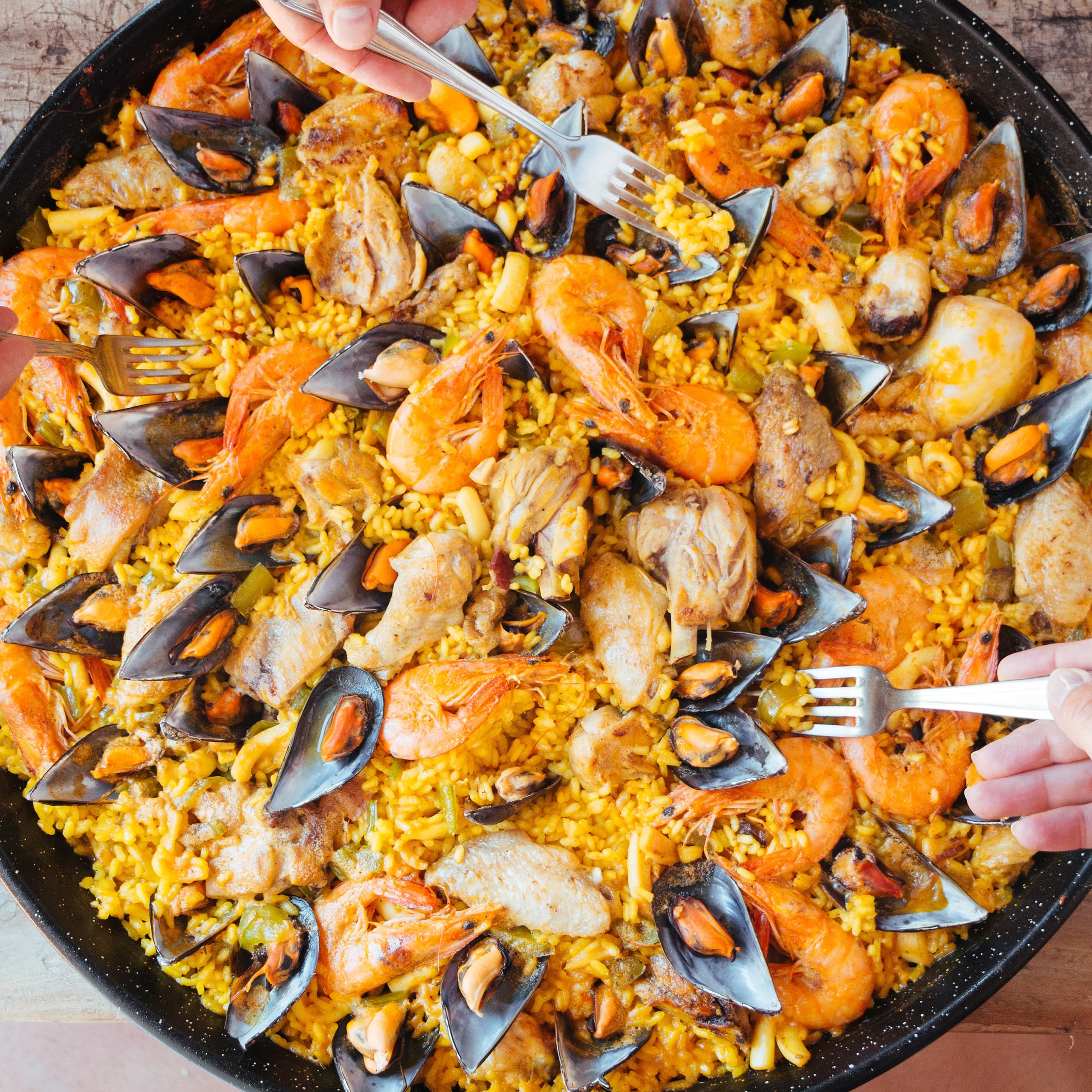 Mixed seafood classic Spanish paella. Mussels, prawns and squid