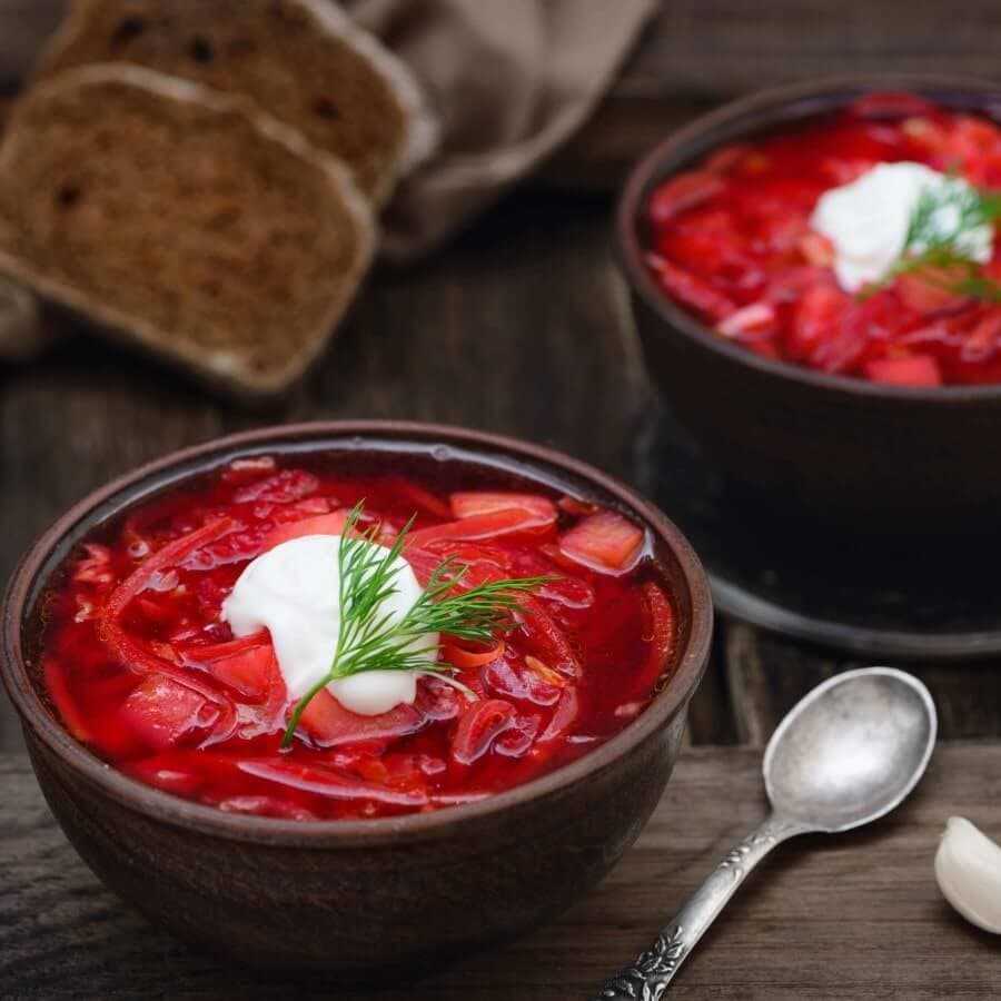 Sour Eastern European soup made with beetroot and topped with yoghurt. Ukrainian.