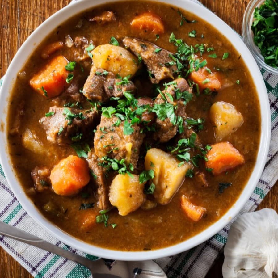 Irish stew made with beef, potatoes, carrots and herbs. A traditional St Patricks day dish